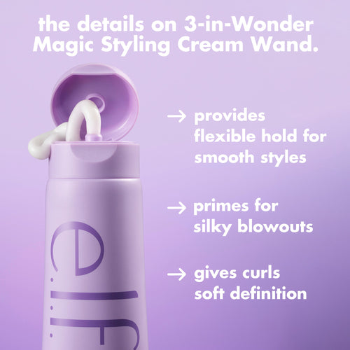 Details of the e.l.f. 3-in Wonder Magic Styling Cream provides flexible hold, primes for blow outs, and gives curls soft definition